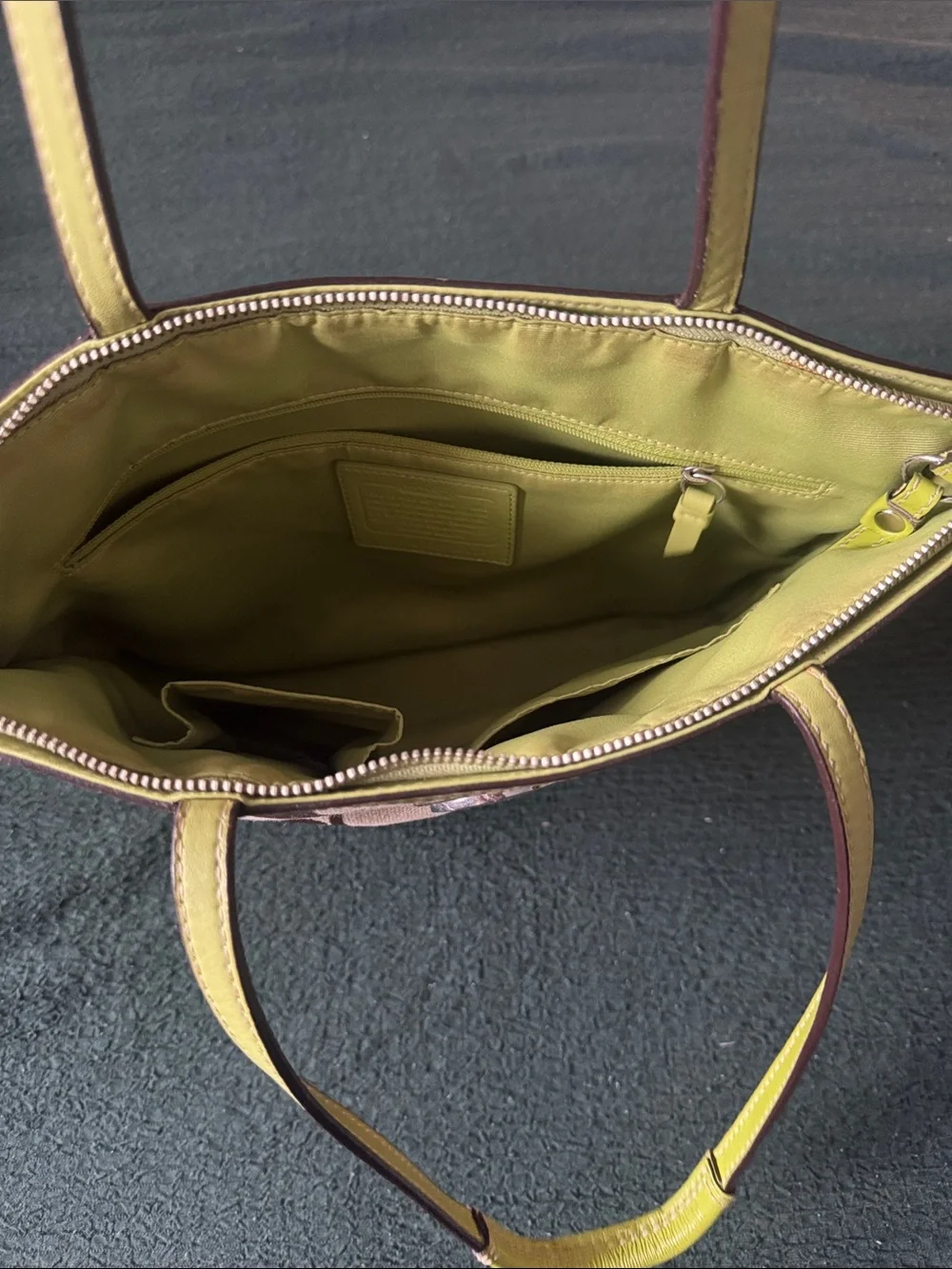Coach Brown Signature Canvas Tote with Lime Trim